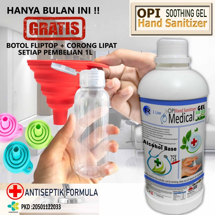 Hand Sanitizer Gel 1 Liter Medical dll bonus Botol dan Corong cantik Produk OPI varian baru By Oke Sabun sudah ada izin edar resmi by Oke sabun suplayer