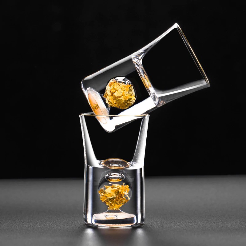 Top Grade Manual Crystal Shot Glass Built In Pure Gold Goldleaf Liquor Spirits Firewater Mini Wine