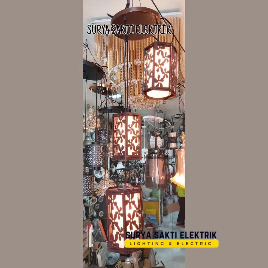 LAMPU GANTUNG MINIMALIS 3 IN 1 KACA KAYU RUANG TAMU MAKAN TERAS
