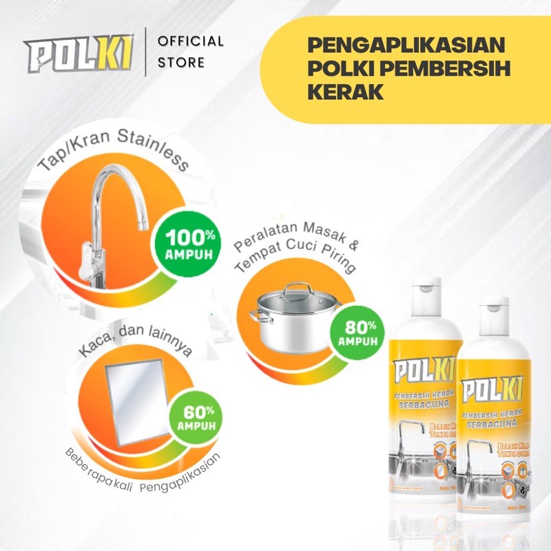 POLKI Pembersih Kerak Serbaguna 100ml - Penghilang Noda Stainless Steel Kaca Metal 100 ml / Pembersih Panci Keran Kran Air GRATIS SPONS CUCI PIRING