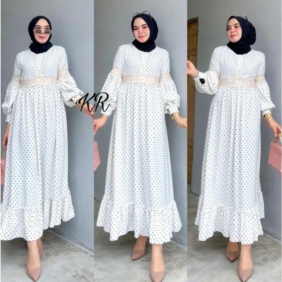 Gamis Jumbo Terbaru Rayon Maxi Dress Wanita Motif Polka Polkadot Sleting Depan Busui Baju Pesta Baju
