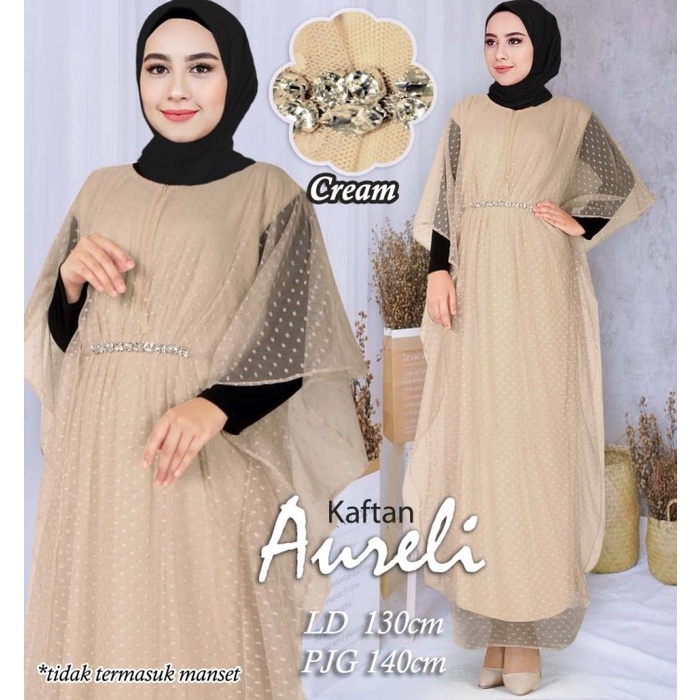 PROMO KAFTAN Aureli Kaftan Tille Dot Jumbo Busui Friendly Accessories Swarovski - Cream DEWASA TERLA