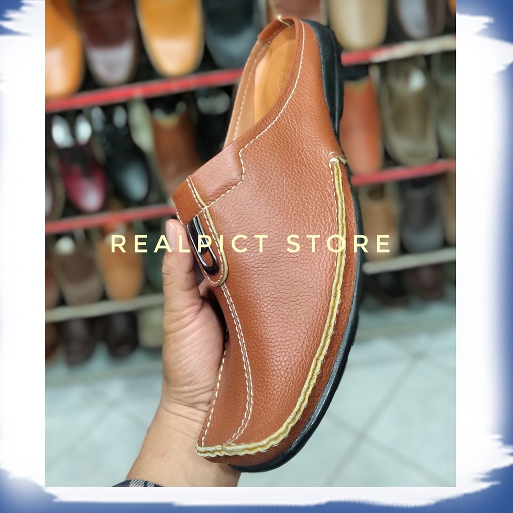 Sepatu Sandal Bustong Pria Model Mukasin Bahan Kulit Asli Full Kulit bustong pria kulit asli tutong 