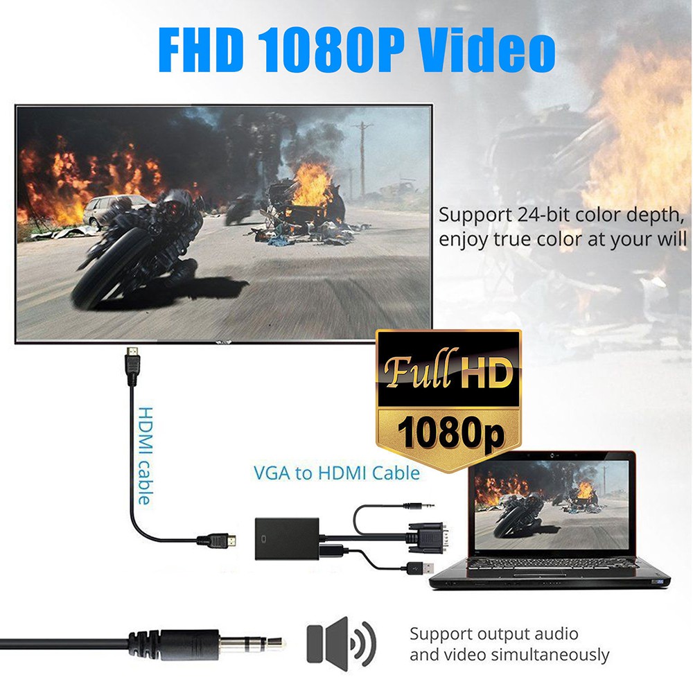 Kabel Adapter Converter VGA Male ke HDMI 1080P + Audio