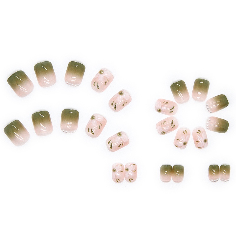 24pcs / box Kuku Palsu Desain Bunga Aksen Berlian Imitasi Warna Pink Hijau Gradasi Untuk Dekorasi Nail Art