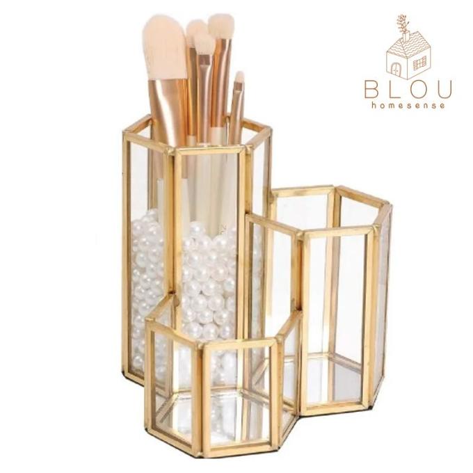 

Office & Stationery | Document Organizer | Makeup Brush Pen Holder Gold Glass Organizer 3 Grid Gold Pen Holder | Best Seller