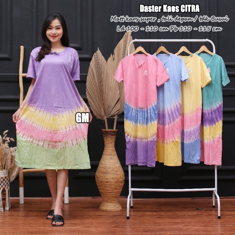 Daster kaos pelangi tye dye kain tebel adem