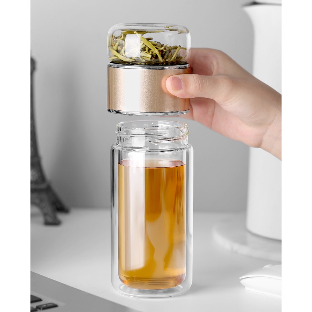 tumbler teapot infuser portable double wall / tea pot botol minum teh kaca infuse water ( menerima custom LOGO )