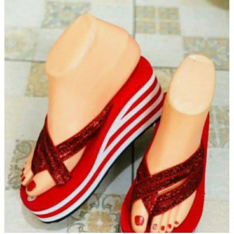 Sandal wanita Hazwan palang dua jepit gliter merah spon merah putih