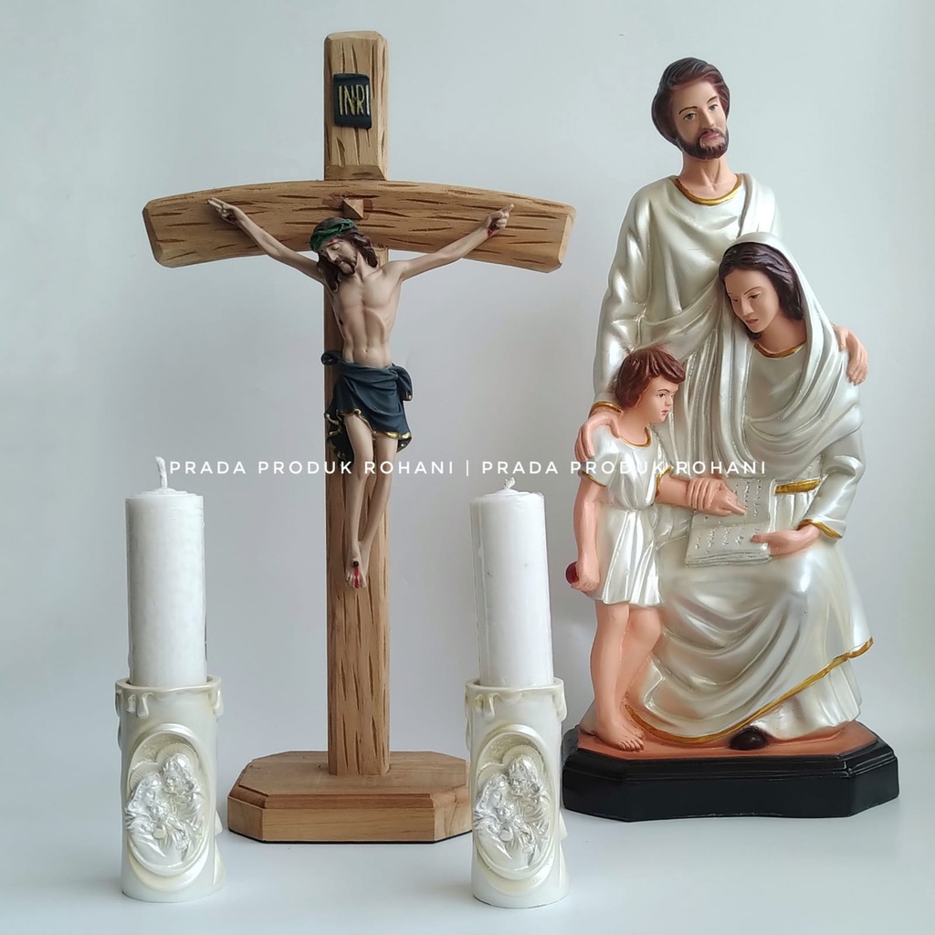 Set Doa Katolik / Patung keluarga Kudus / Salib duduk / Tempat lilin