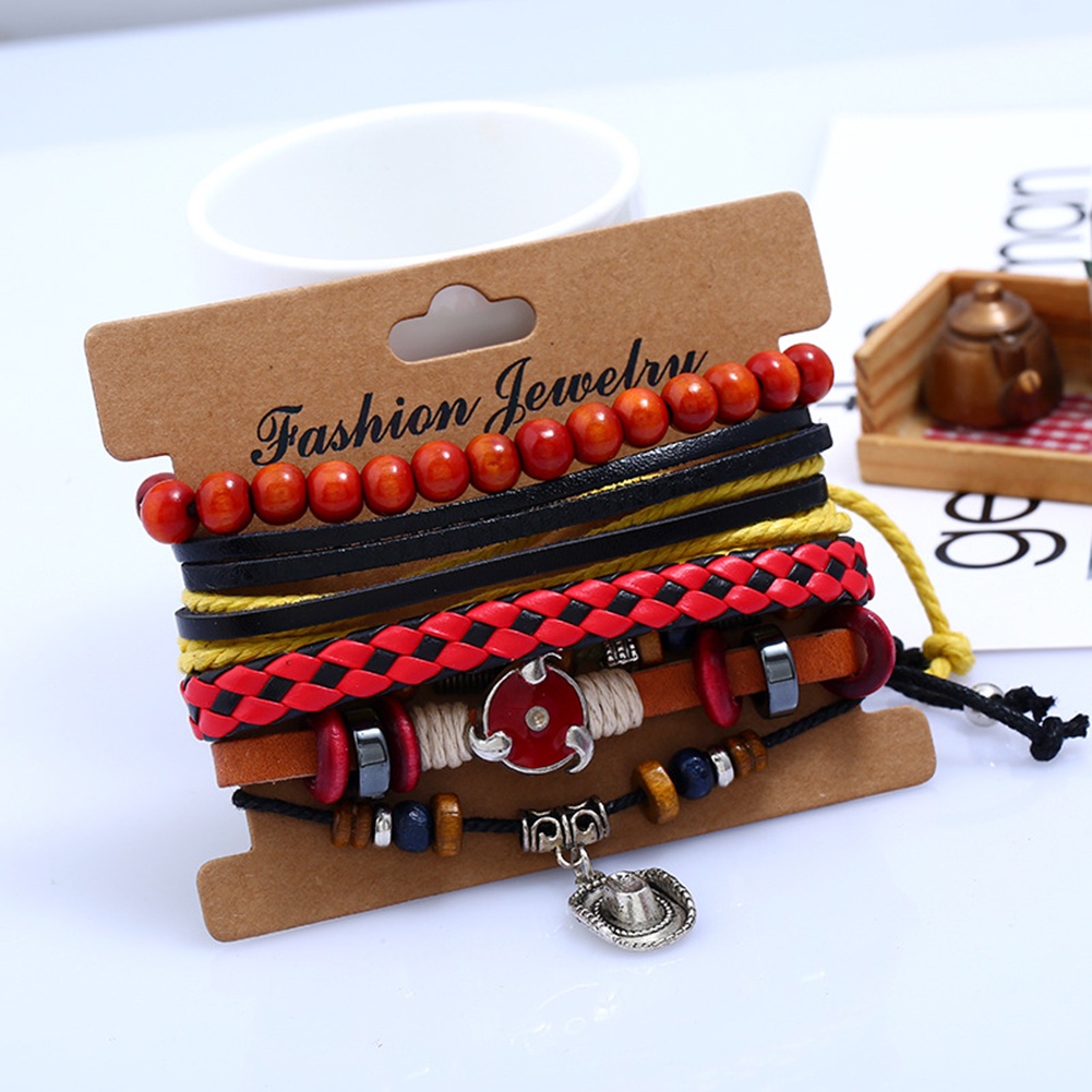 Hu Hu Hu Hu Hu Alat Bantu Pasang Kacamata♡ 4pcs / Set Gelang Multilayer Bahan Kulit Imitasi Gaya Retro Etnik Untuk Wanita