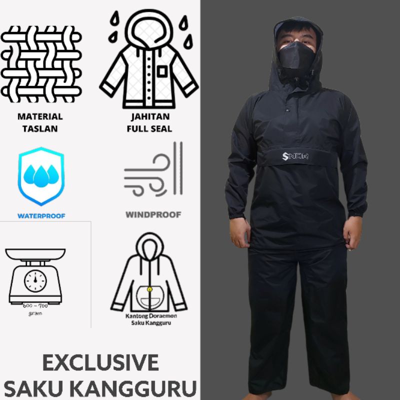 Jas hujan Saku Kangguru SNDR Hitam Jumbo XXXL Bahan Taslan Tebal