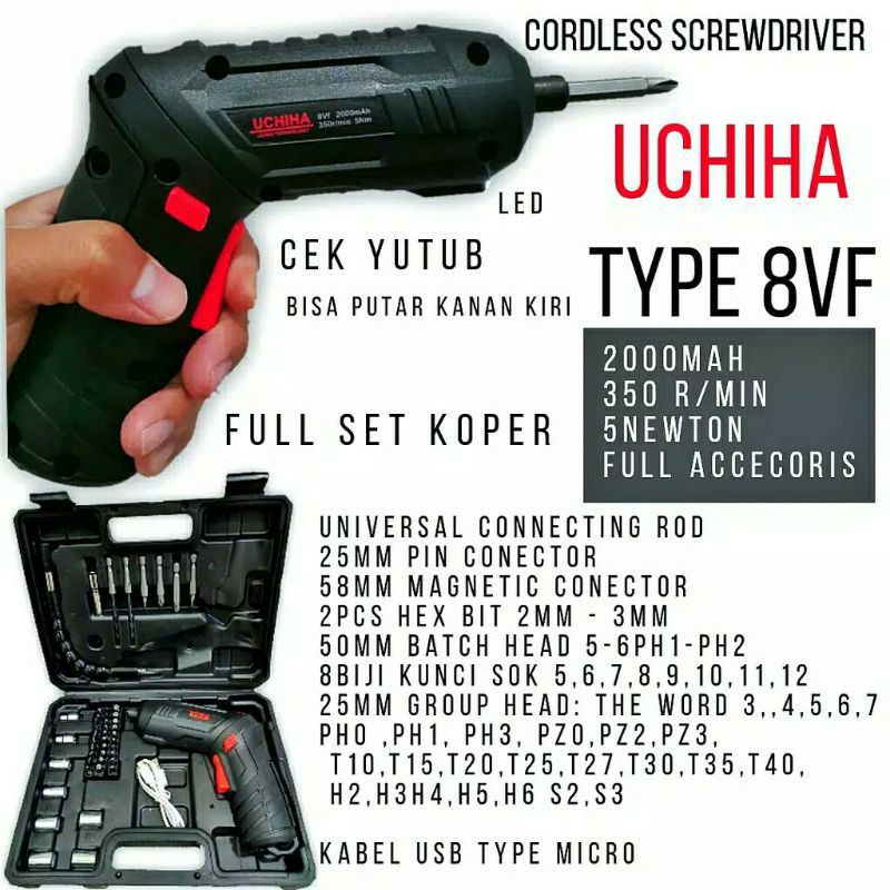 Mesin Bor Obeng Sekrup Baut Mini Cordless Screwdriver UCHIHA Electric Type 8vf