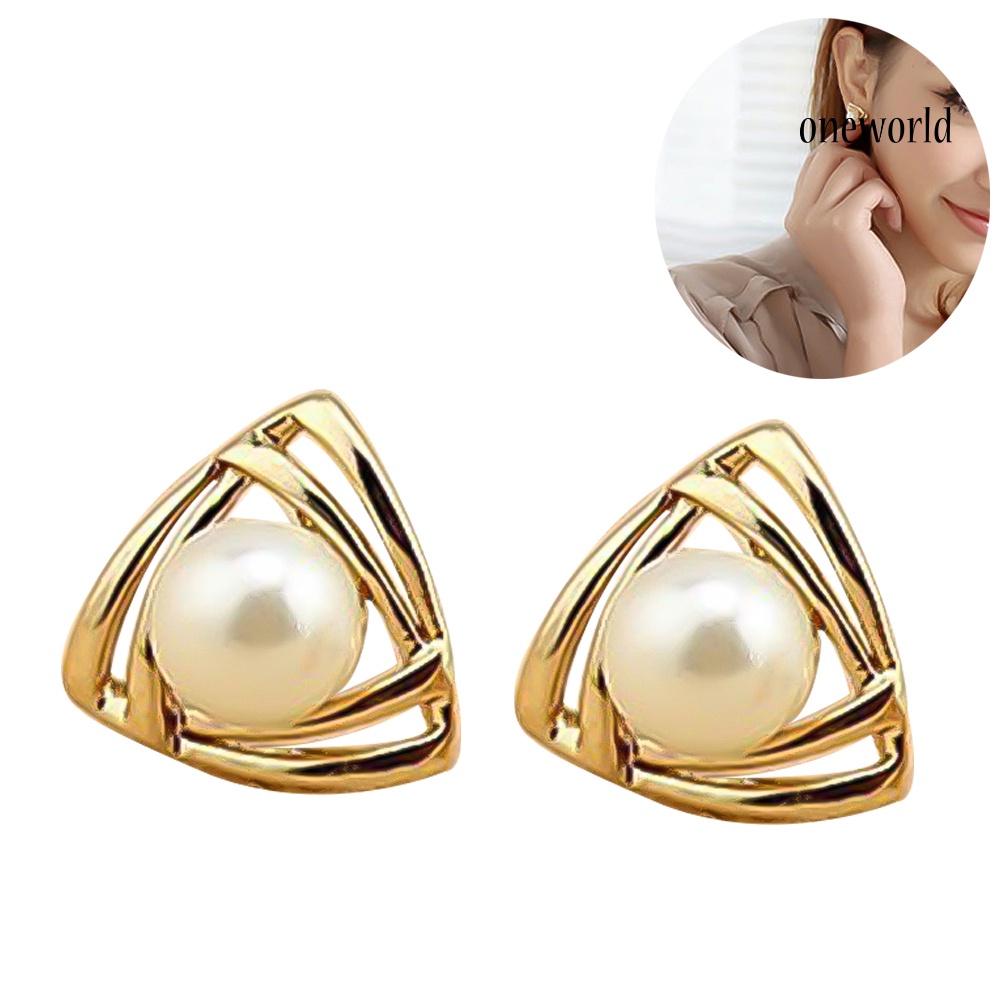 OW# Women Faux Pearl Inlaid Double Triangle Crossover Ear Stud Earrings Jewelry Gift