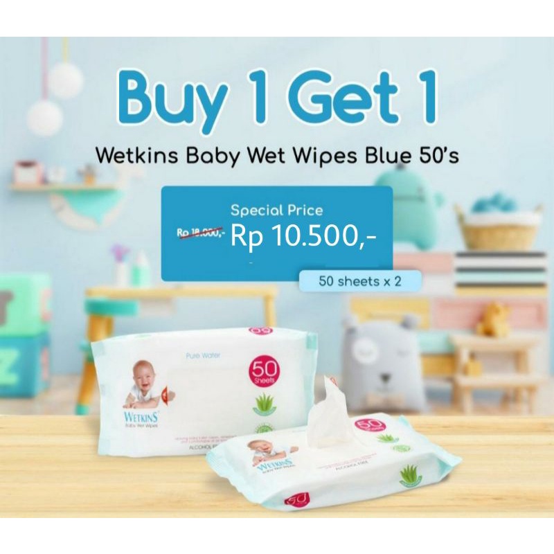 Promo!! Buy 1 Get 1 Wetkins Tisu Basah Baby blue  (100 lembar)