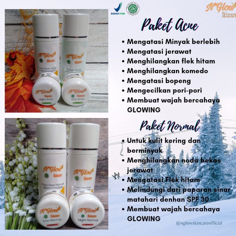 N'GLOW SKINCARE NORMAL/PAKET ACNE/ECER DAY NIGHT KRIM TONER FACIAL WASH/FLEK/KUSAM/CREAM WAJAH BPOM