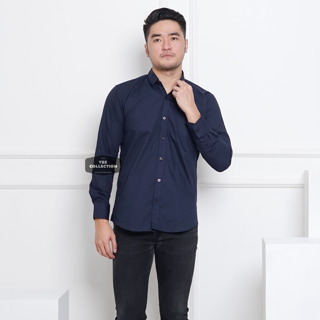 Kemeja Pria Lengan Panjang Polos Biru Navy Dark Blue Navy Polos Slimfit Casual 3264