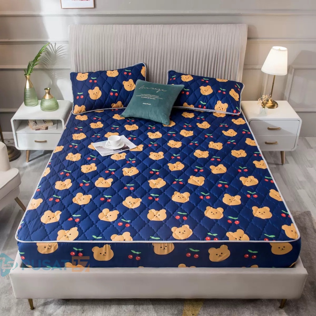 PUSAT17 SPREI WATERPROOF KARAKTER SPREY 160X200CM 180X200CM 200X200CM SPREI ANTI AIR MOTIF / SPREI PROTECTOR MATRAS KASUR 90X200CM 120X200CM-Cherry Bear
