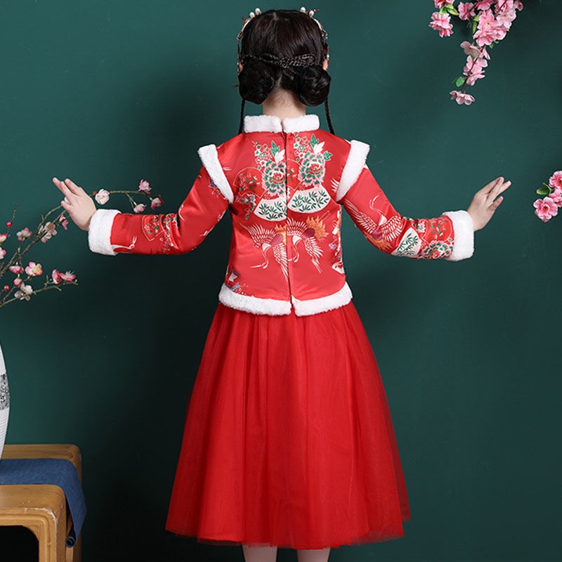 2021 new girls' cheongsam skirt autumn and winter Tang new year's clothes Plush thickened Chinese st