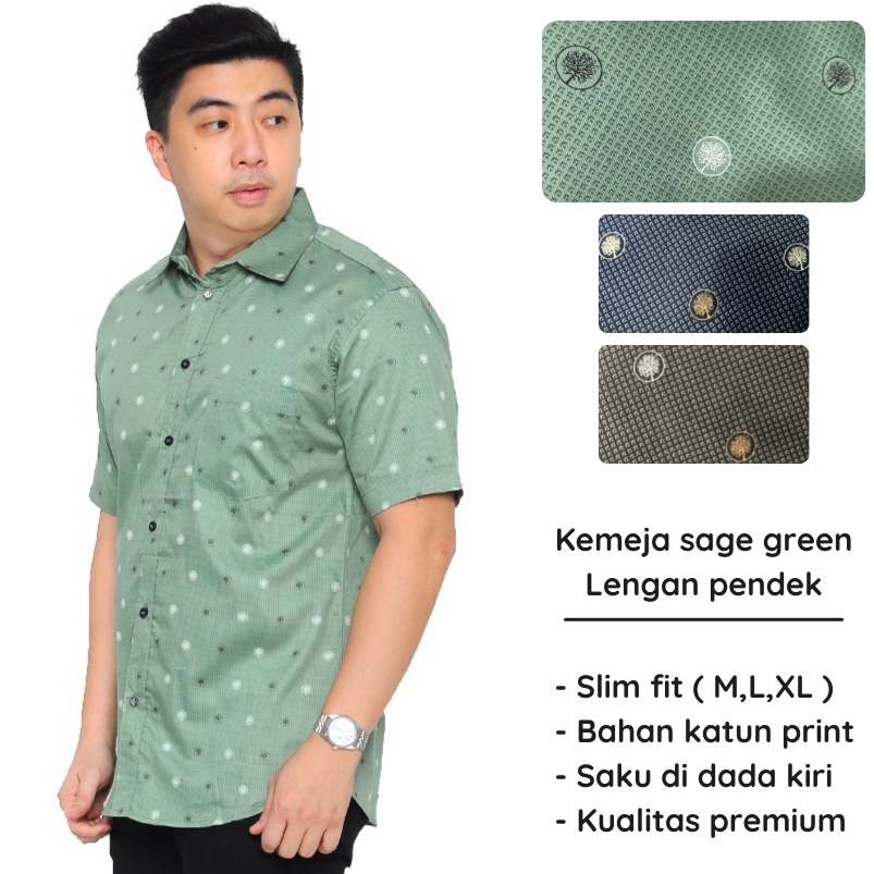MANNERS Kemeja Pria Motif Lengan Pendek Katun Sage Green