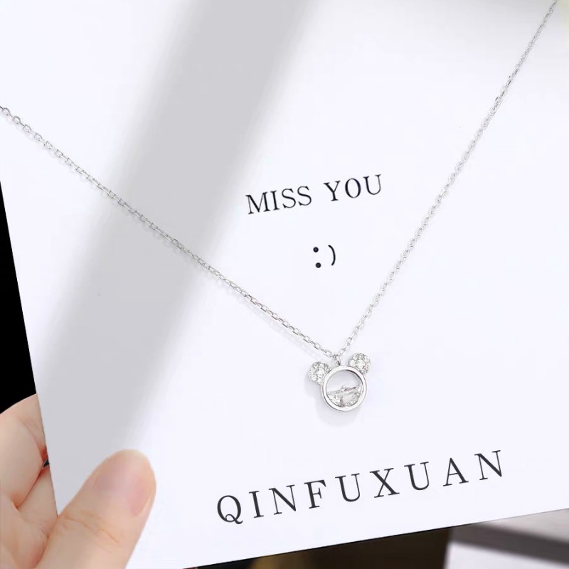 Kalung Rantai Desain Mickey Mouse Aksen Kristal Bahan S925 Silver Gaya Korea Untuk Wanita