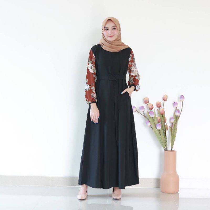 anya maxi - gamis hitam polos busui ld 102 tangan motif busui berkualitas adem tebel free belt ania