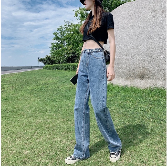 XIAOZHAINV Korean Style Jeans Wanita Retro Loose Highwaist Straight Jeans