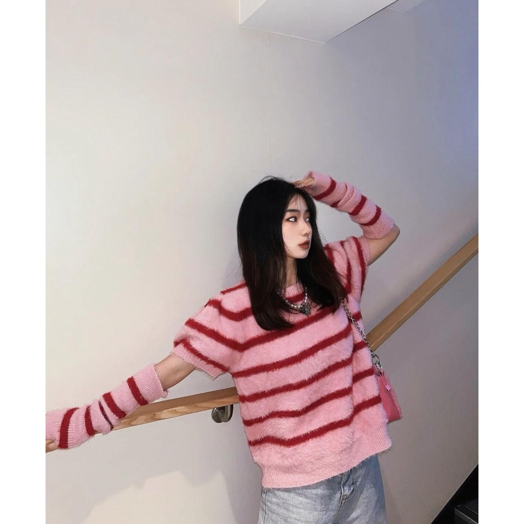 NICO##SWEETER RAJUT WANITA/BAJU RAJUT WANITA LENGAN PENDEK/SETELAN ATASAN LONGGAR LENGAN PENDEK WANITA SWEATER RAJUT BERGARIS PINK LEMBUT