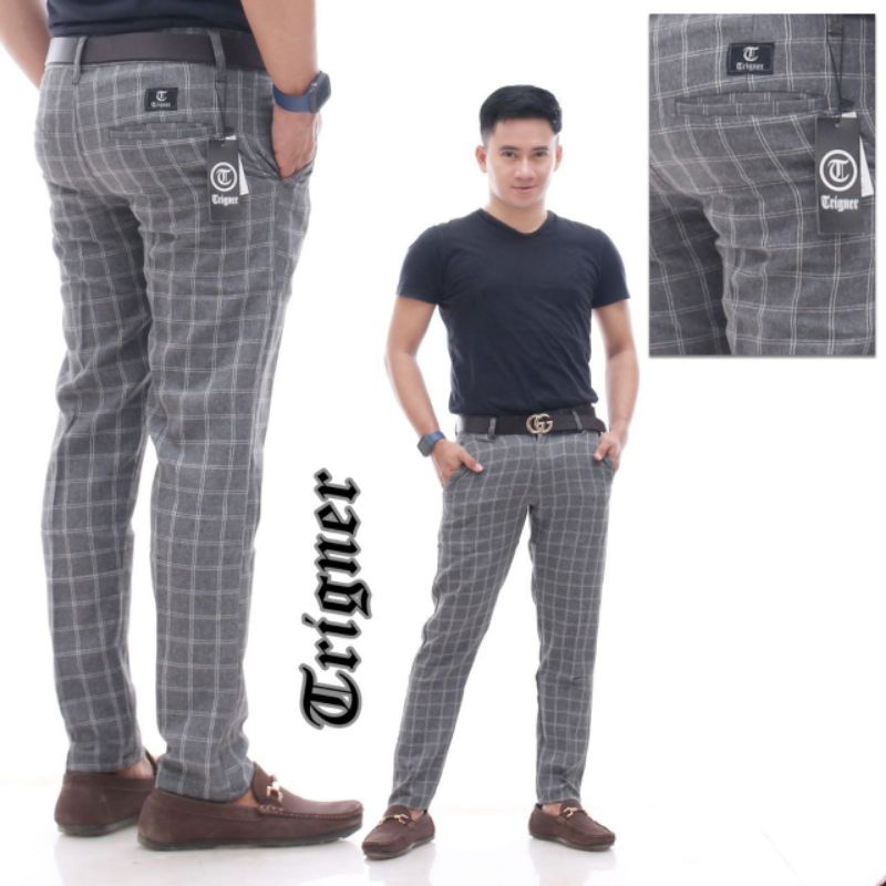 CELANA CHINO TARTAN PRIA ANKLE PANTS MOTIF KOTAK-KOTAK PANJANG COWOK SALUR MODEL SLIMFIT