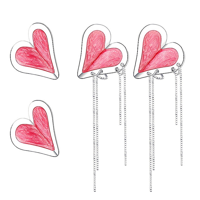 Anting Stud Rumbai Asimetris Desain Hati Warna Pink Untuk Wanita