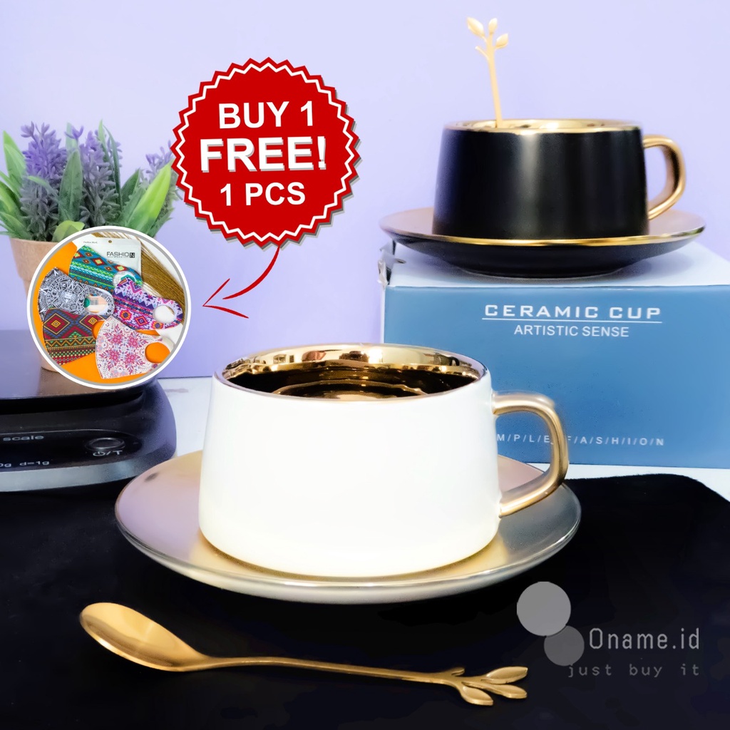 Gelas Keramik Set Luxury Gold Polos Mug Kaca Besar dengan Tutup dan Sendok Mewah Premium