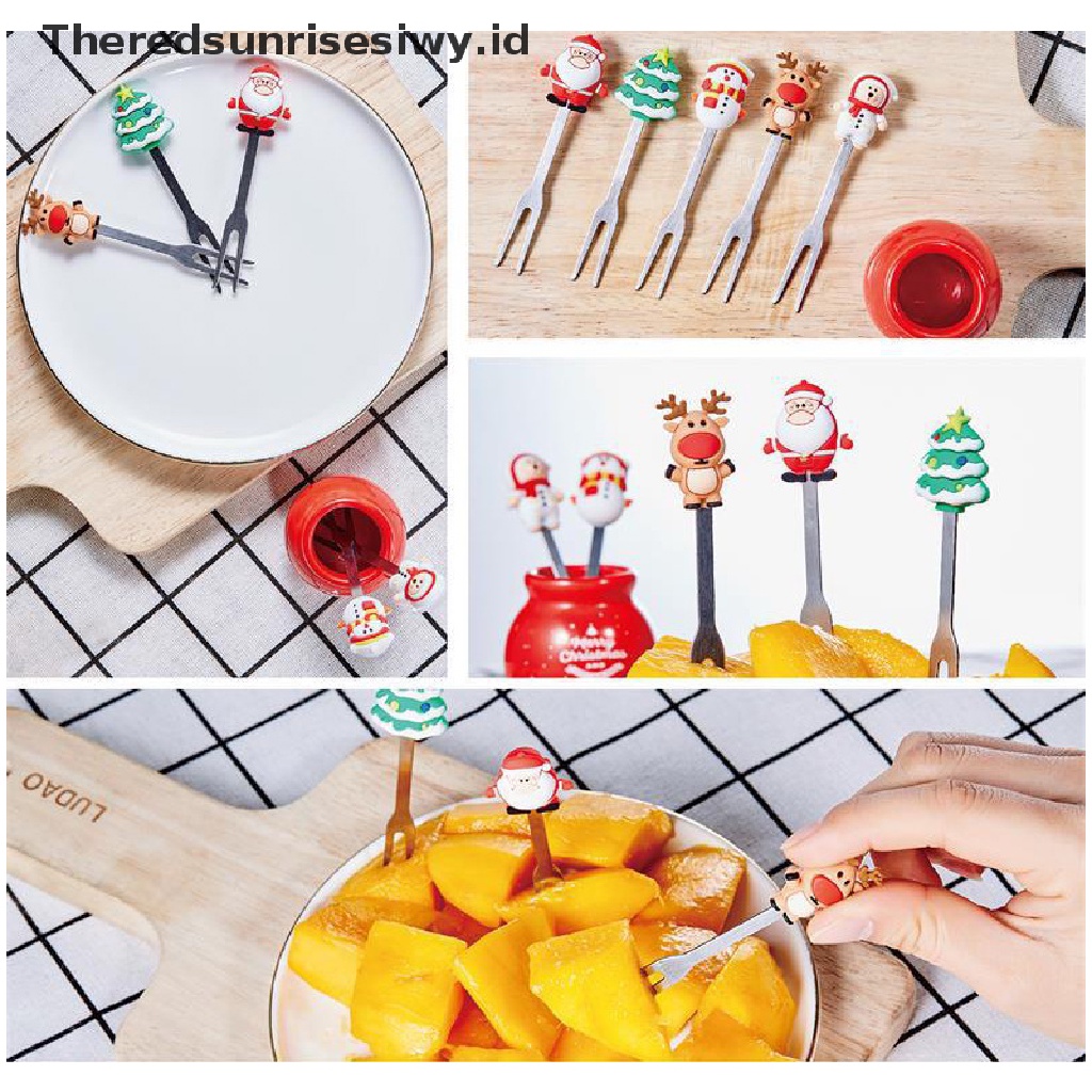 # Alat Pemotong Buah # 5pcs / Set Garpu Buah / Sayuran / Salad Desain Kartun Santa Claus Bahan Stainless Steel