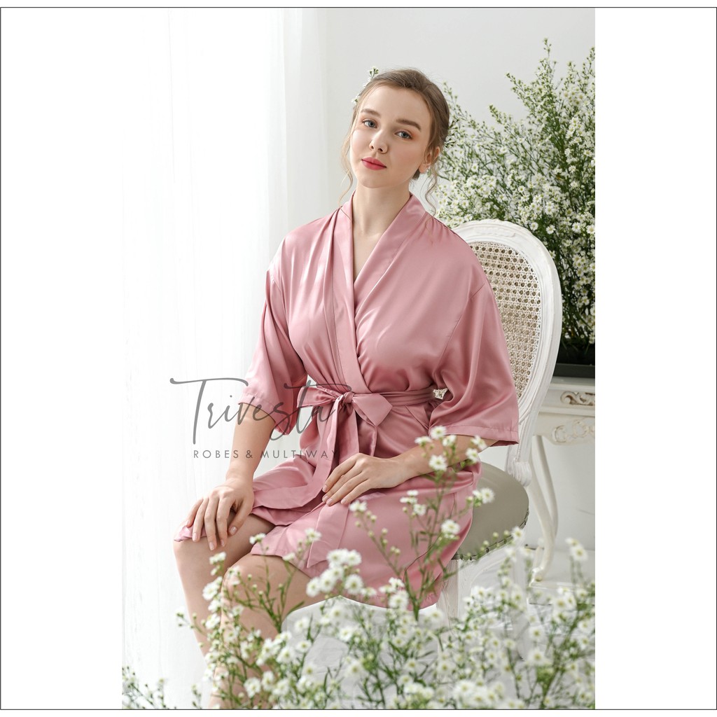 Basic Robe - KIMONO BRIDESMAID SATIN WARNA DUSTY PINK  + FREE BORDIR (TULISAN BEBAS BISA NAMA)