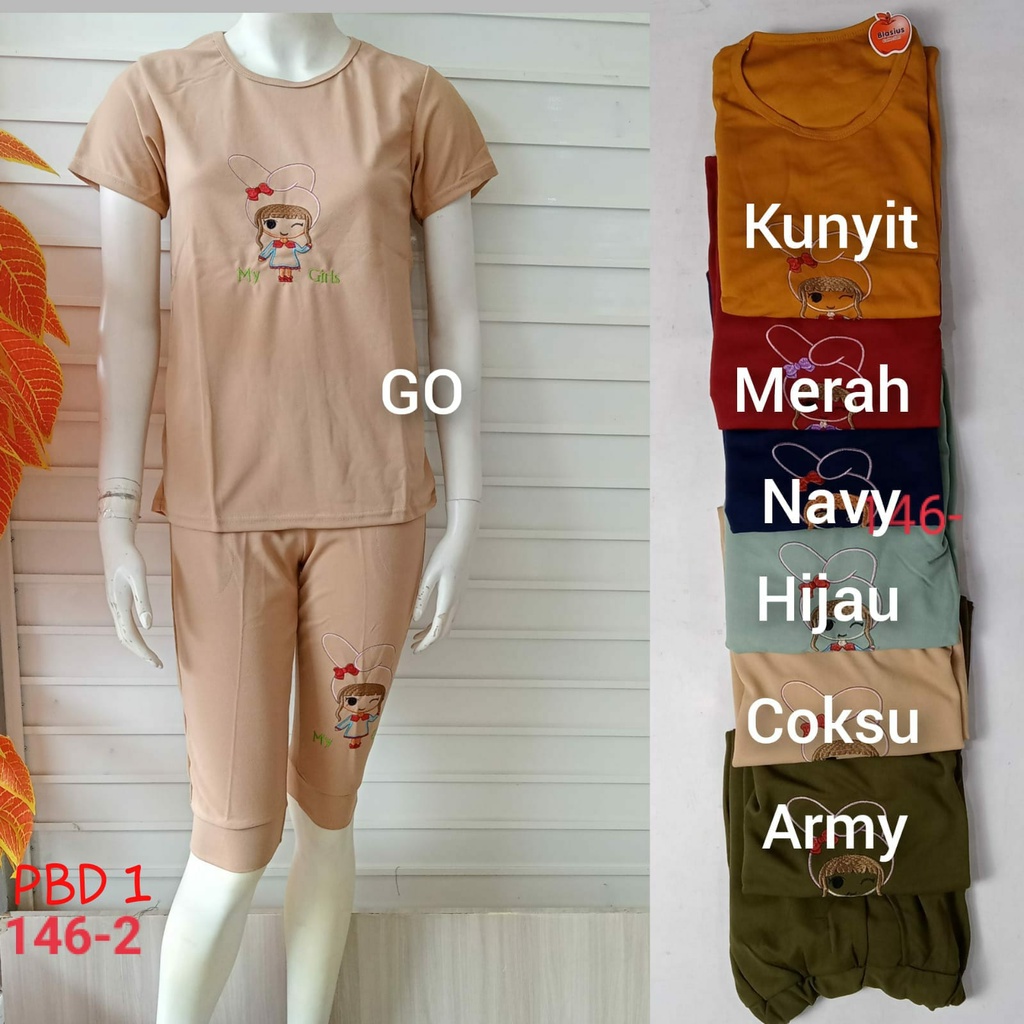 gof PBD PIYAMA BABYDOLL Setelan Baju Tidur Wanita Polos Stretch Motif Kotak Bordir Lengan Pendek