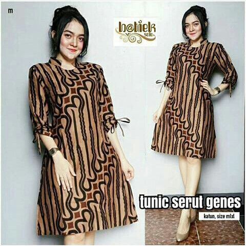 Tunik Genes Serut Dress Batik Sogan Modern Long Dress Seragam Kantor Pesta Muslim