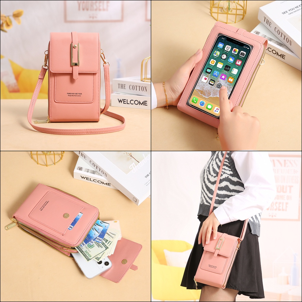 Tas Selempang Kulit Wanita Dompet Hp Cewek Multifungsi Touchscreen Mini Bag LN 1689-1