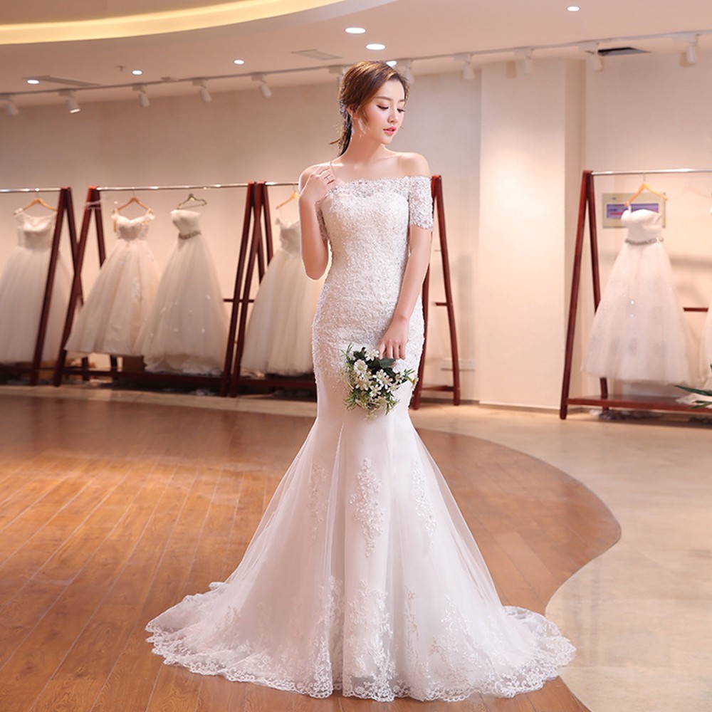 Putih Sabrina Mermaid Wedding Dress Gaun Pengantin Renda Putri Duyung Fishtail Wedding Dress