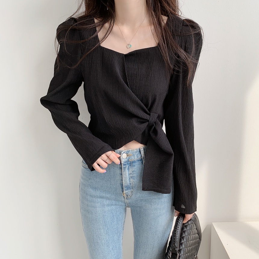 Wrap Top Kemeja Lengan Panjang Wanita Terbaru Crinkle Blouse Import Korean Style Shirt Crop Hitam