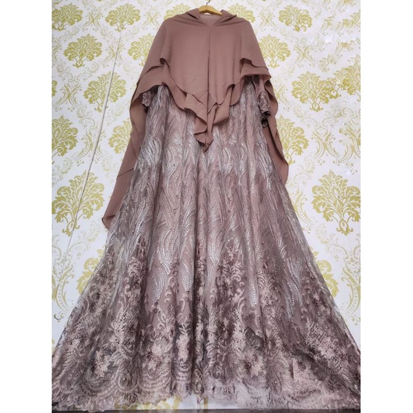 SABRINA SYARI DEWASA GAMIS SYARI FULL TILE BORDIR IMPORT JUMBO SET KHIMAR CERUTY DOUBLE LAYER
