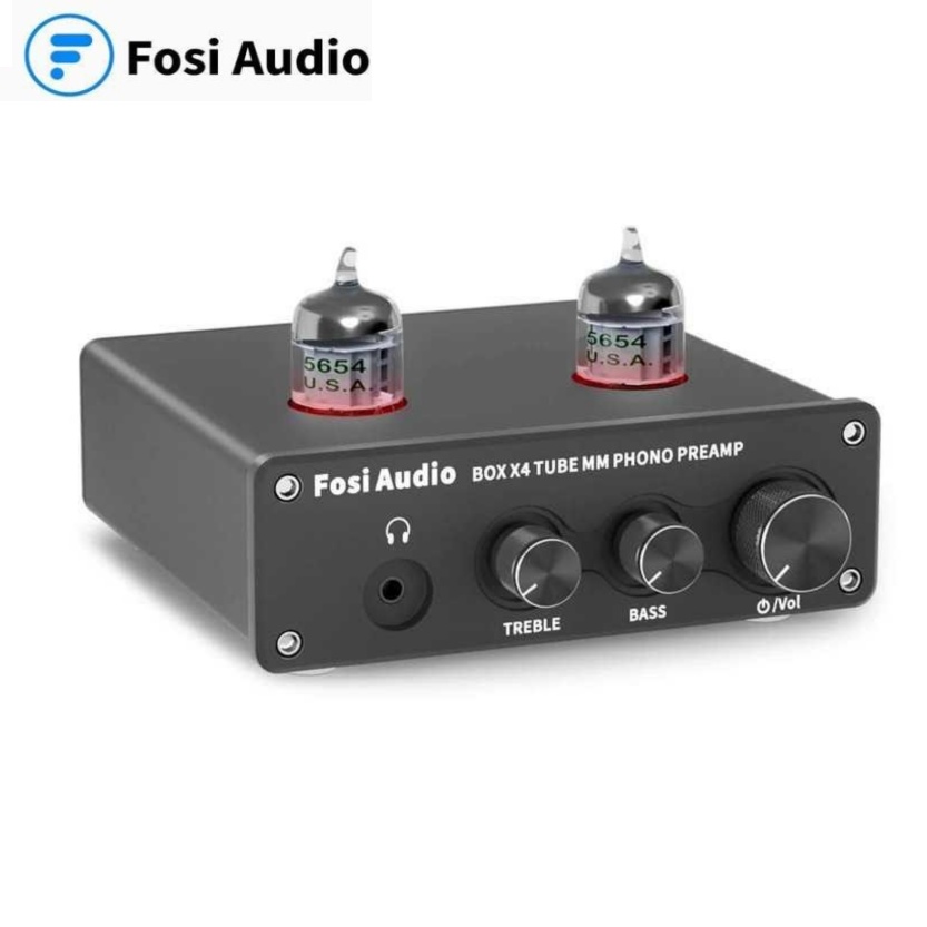 Fosi Audio Phono Preamp &amp; Headphone Amplifier with JAN 5654W Vacuum Tubes for MM Turntable Phonograph Preamplifier - Box X4 - Black