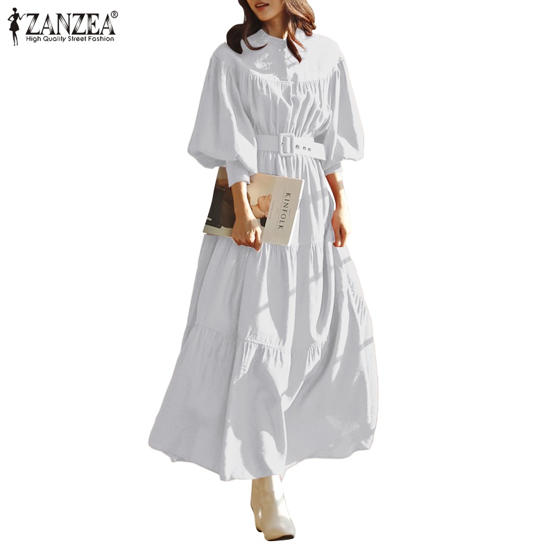 ZANZEA Women Casual Long Puff Sleeve With Belted Collared Maxi Dress