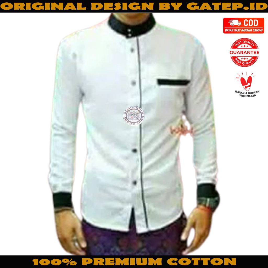 Kemeja Putih Pria Lengan Panjang Slim Fit Semi Safari Adat Bali Lis Hitam S M L XL XXL