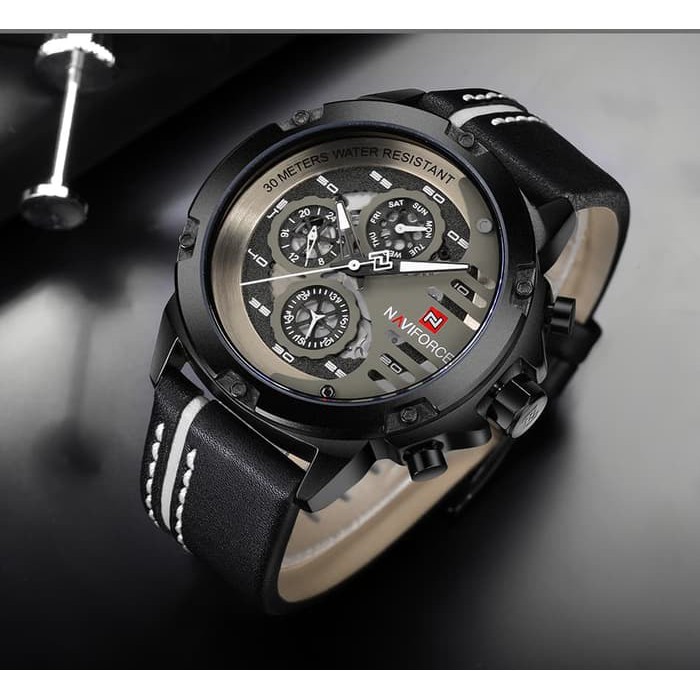 Jam Tangan Pria | Naviforce NF9110 Original | Chrono On Day | Leather Black List
