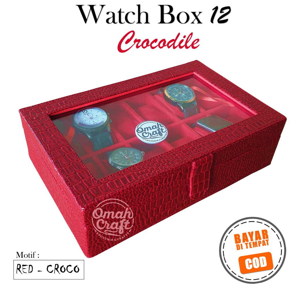 CROCO MERAH - Box Jam Tangan isi 12 / kotak Tempat Jam Tangan Arloji / Watch Box Organizer