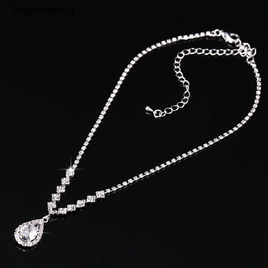 Hbid Set Anting + Kalung Liontin Kristal Bentuk Tetesan Air Vintage Warna Silver Untuk Wanita