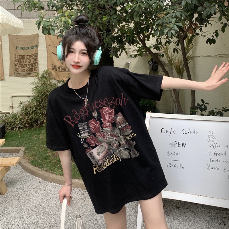 korean style Retro Printed T-shirt/Kaos Wanita Oversize SPACE Katun Baju Atasan Tumblr Tee Fashion T Shirt Cewek Perempuan Lengan Pendek