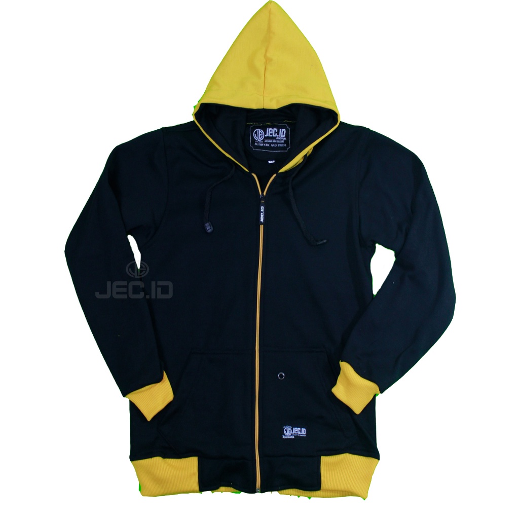 Jaket Hoodie Polos Hitam Zipper Kuning Ori Jec Premium Sweater