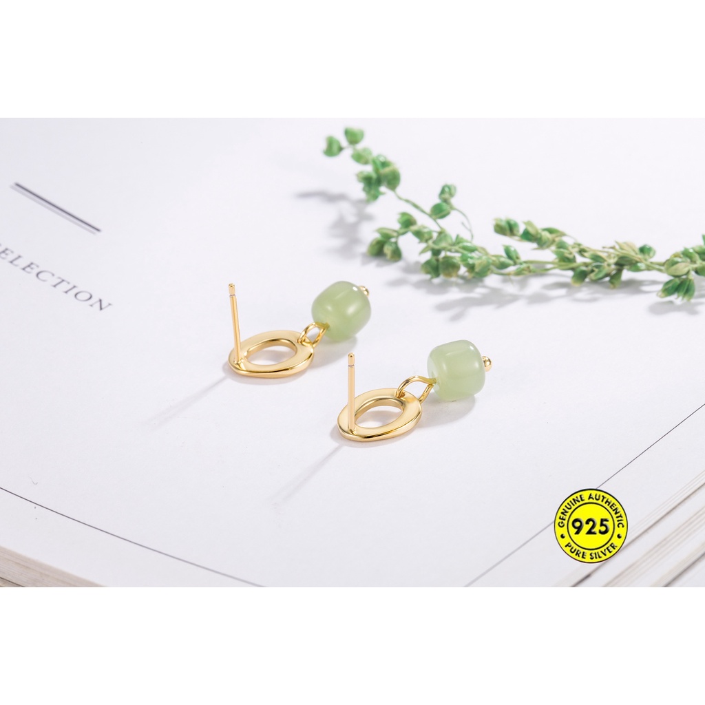 Anting Stud Giok Hetian Bahan S925 Silver Gaya Retro Untuk Aksesoris Wanita