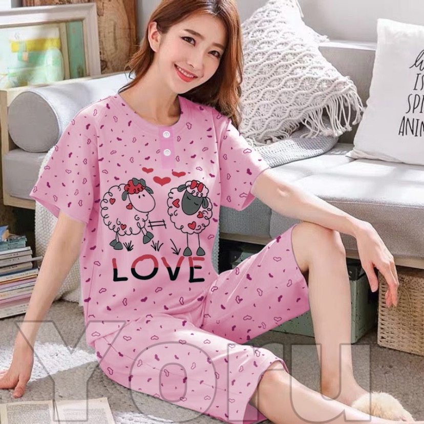 Pamelo.id Stelan C3/4 Baby Doll / Suplier Sleep Wear / Baju Tidur Wanita kaos Katun / Stelan Baju Tidur Murah Produk Terlaris Set HP-Domba fanta