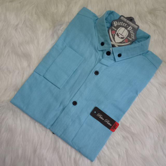 kemeja cowok polos lengan panjang slimfit hem pria kantor hitam navy putih maron army-Kemeja Panjng Turqis